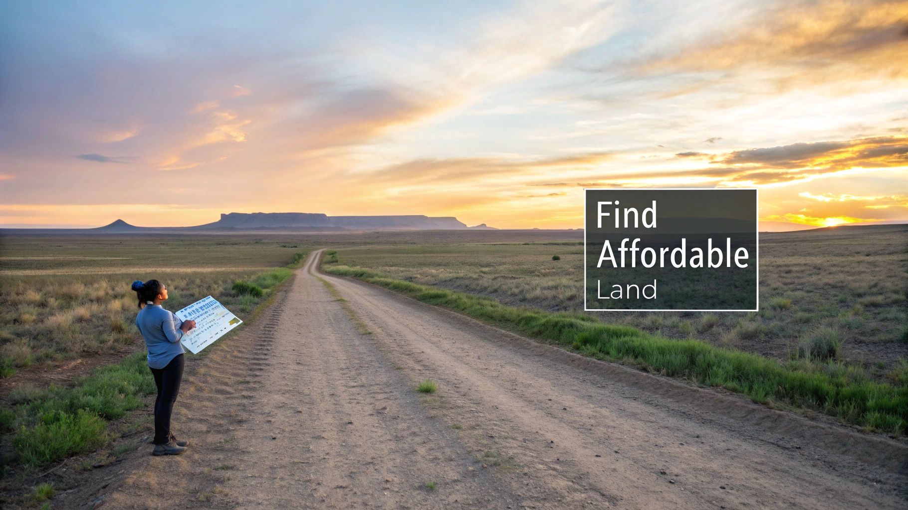 A woman stands on a dirt road in a vast landscape at sunset, holding a map with text 'Find Affordable Land'.