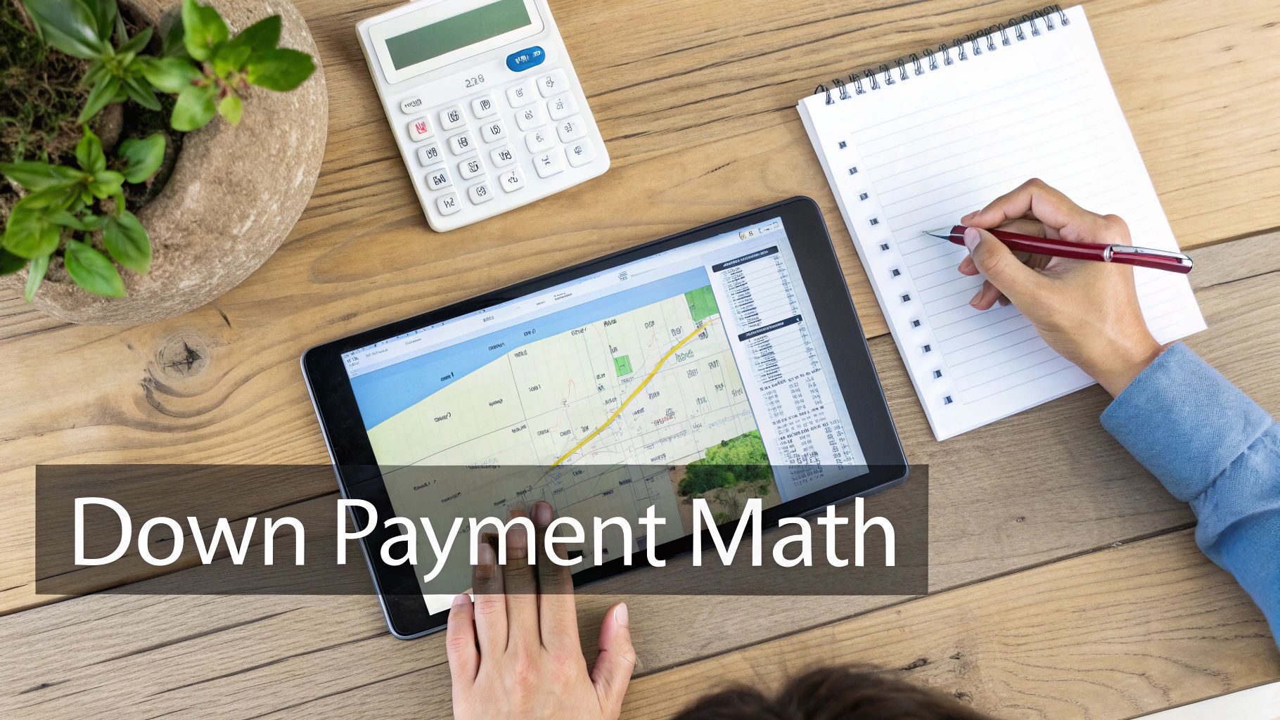Overhead view of a person calculating down payment math on a tablet with a calculator and notebook.