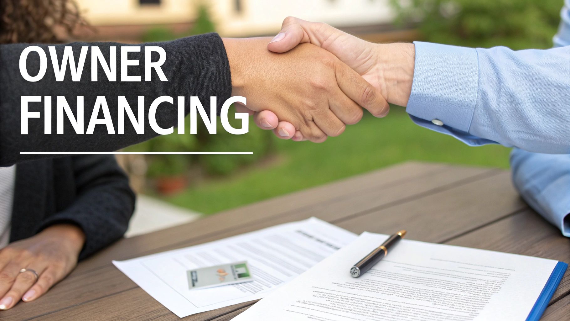Two people shaking hands over business documents, with 'OWNER FINANCING' text, symbolizing an agreement.