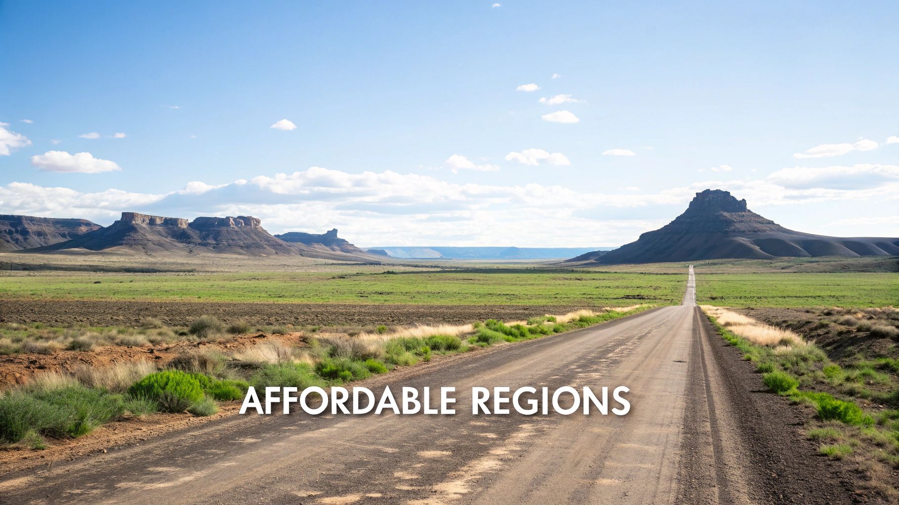 A long, straight dirt road stretches through a vast, green and brown desert landscape with distant mesas and a blue sky.