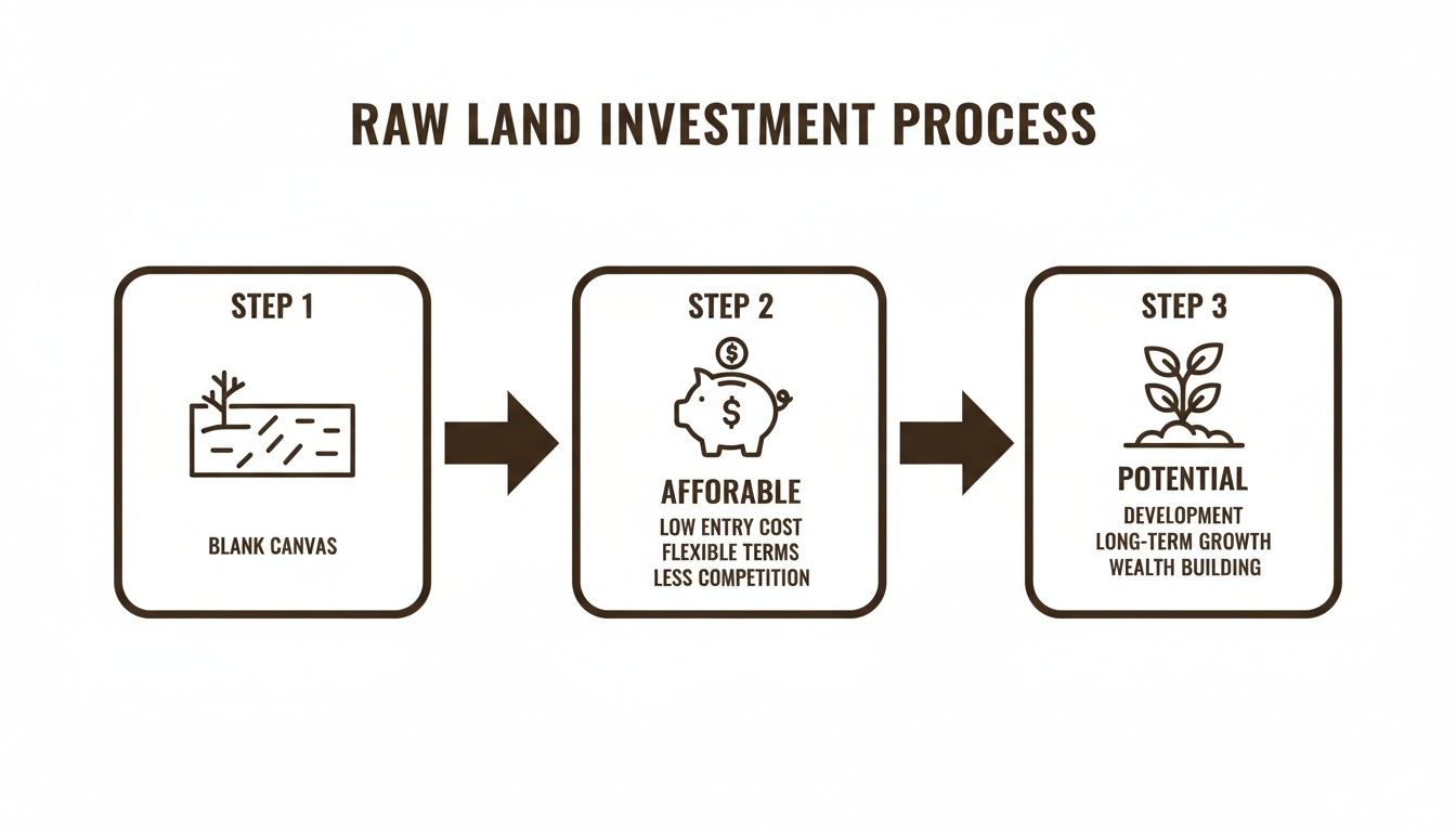 A three-step diagram illustrating the raw land investment process, from blank canvas to wealth building.