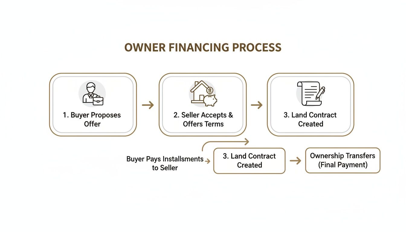 A flowchart outlining the owner financing process steps, from buyer offer to final ownership transfer.