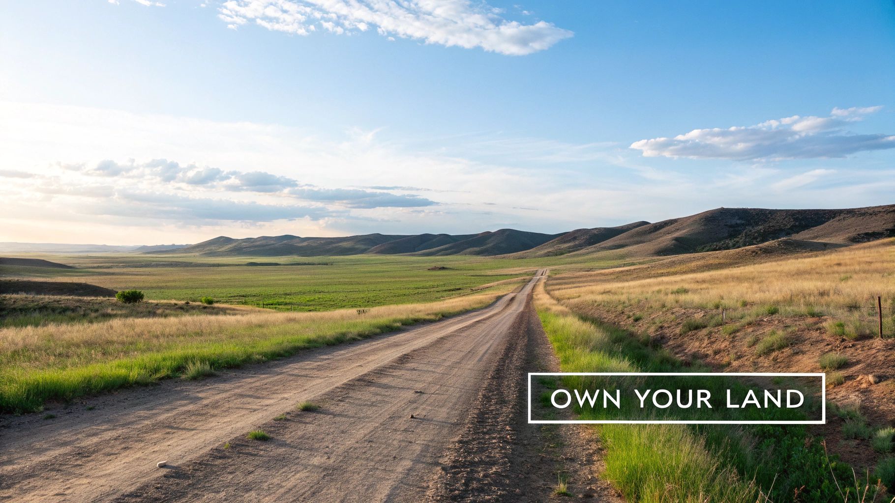 Vast rural landscape with a dirt road, green and golden fields, and distant hills under a partly cloudy sky.