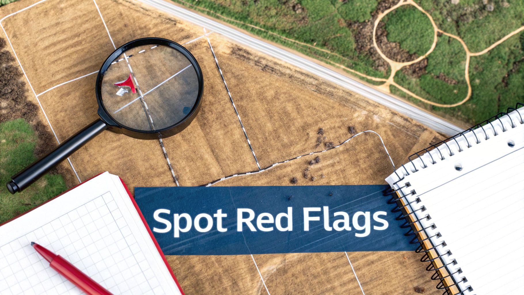 A magnifying glass highlights a red flag on a property survey map with notebooks and a pen, next to a 'Spot Red Flags' banner.