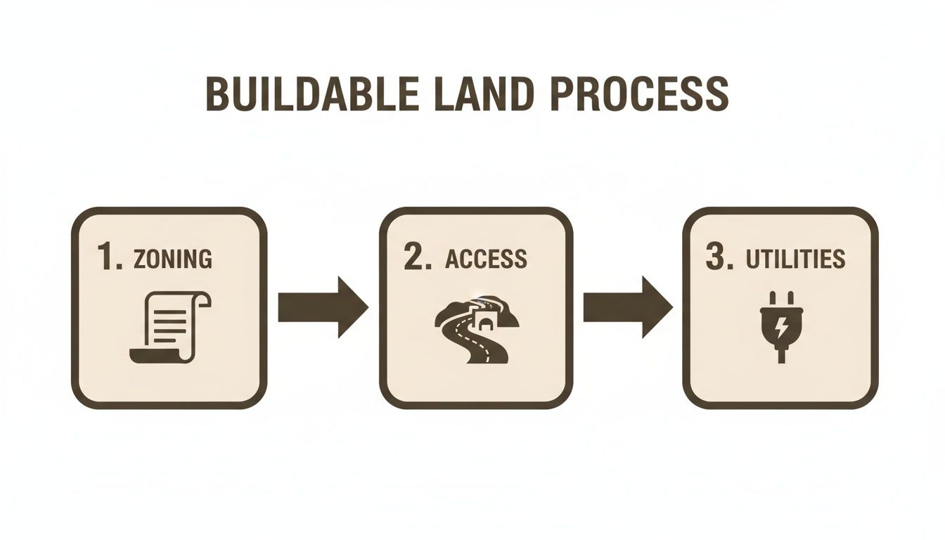 Diagram illustrating the buildable land process steps: zoning, access, and utilities, each with a relevant icon.