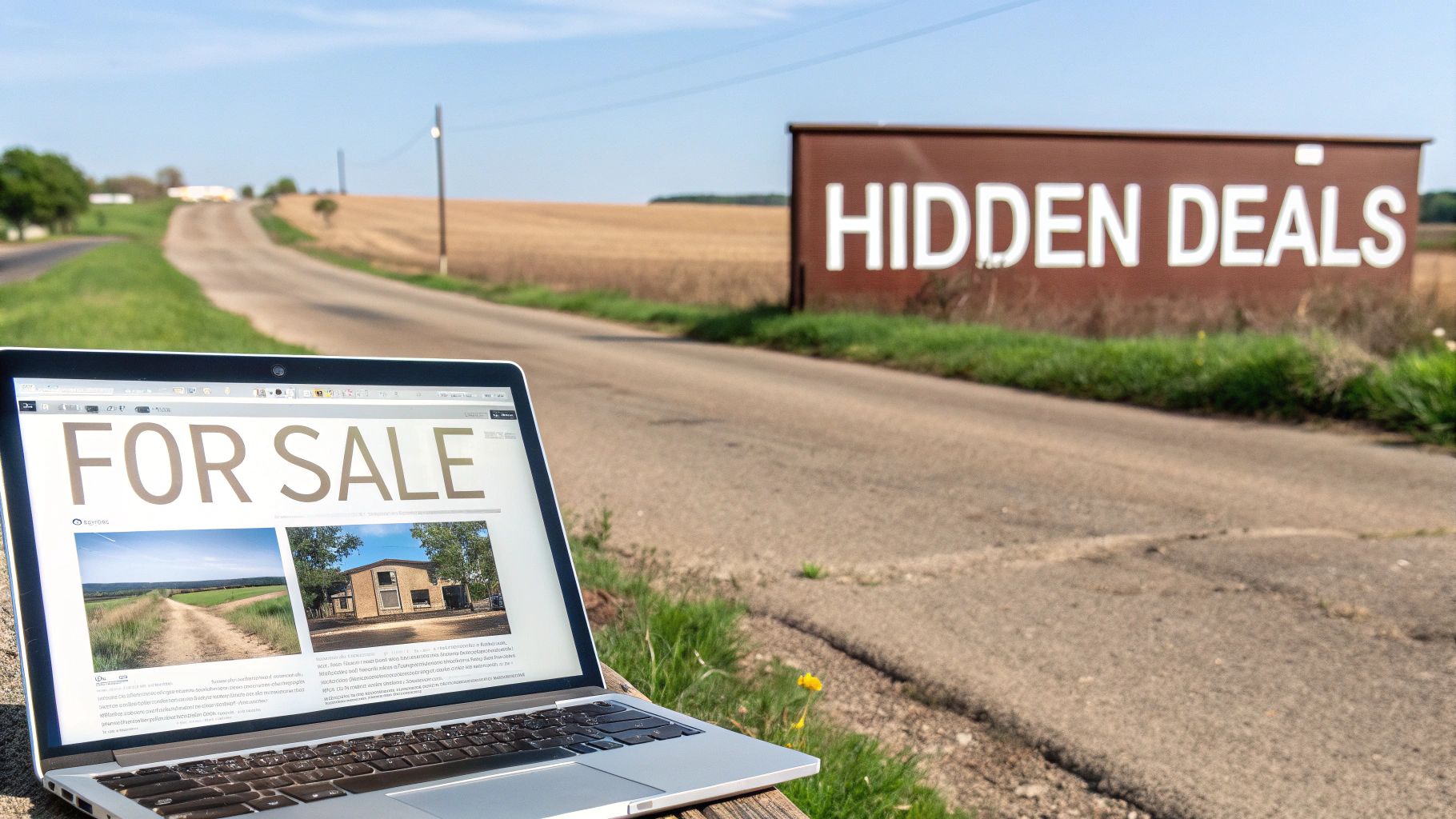 Laptop displaying 'FOR SALE' real estate listings on a rural road, next to a 'HIDDEN DEALS' sign.