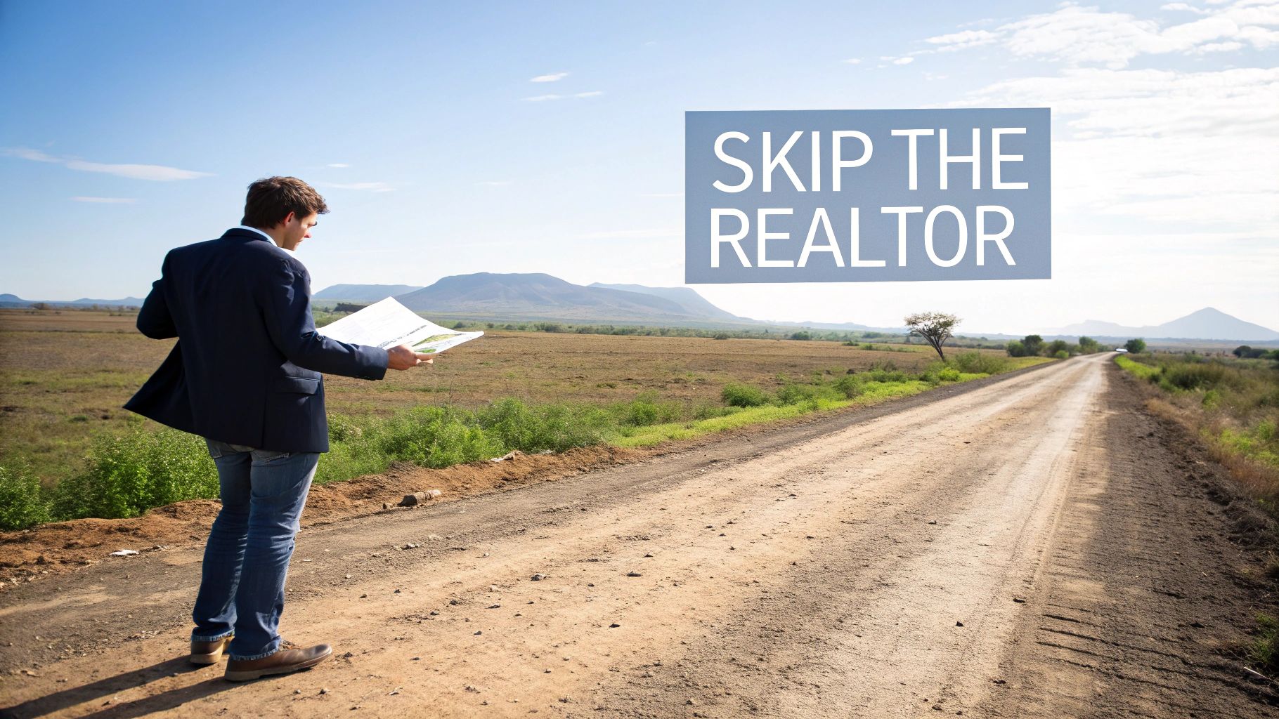 A man holding a map on a rural dirt road with text 'SKIP THE REALTOR' against a mountain backdrop.