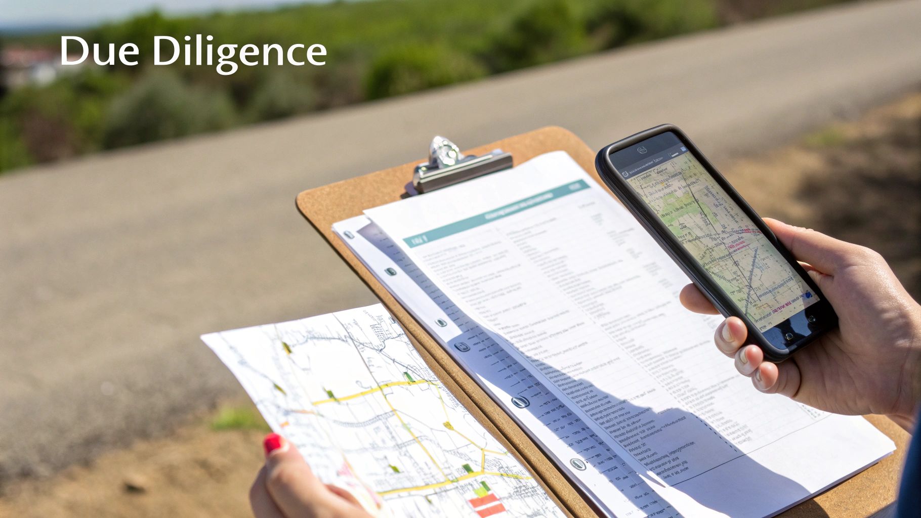 A person conducting due diligence, comparing a paper map with a digital map on a smartphone.