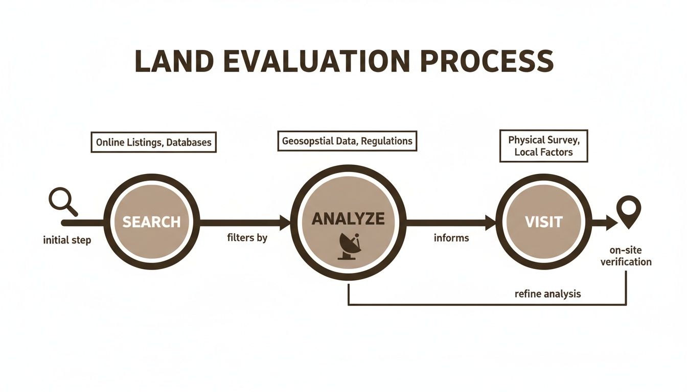 Flowchart illustrating the land evaluation process, detailing steps from search to analysis and on-site visit.