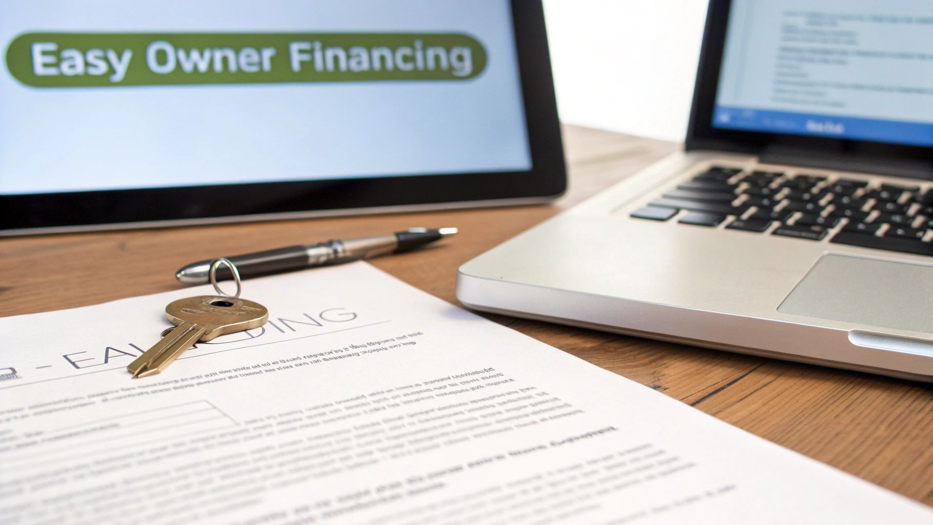 A house key, pen, document, laptop, and tablet displaying 'Easy Owner Financing' on a wooden desk.