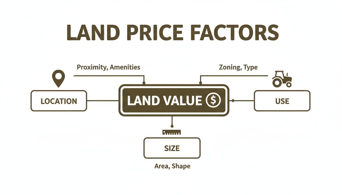 A flowchart titled 'LAND PRICE FACTORS' shows 'LAND VALUE' influenced by 'LOCATION' (Proximity, Amenities), 'USE' (Zoning, Type), and 'SIZE' (Area, Shape).