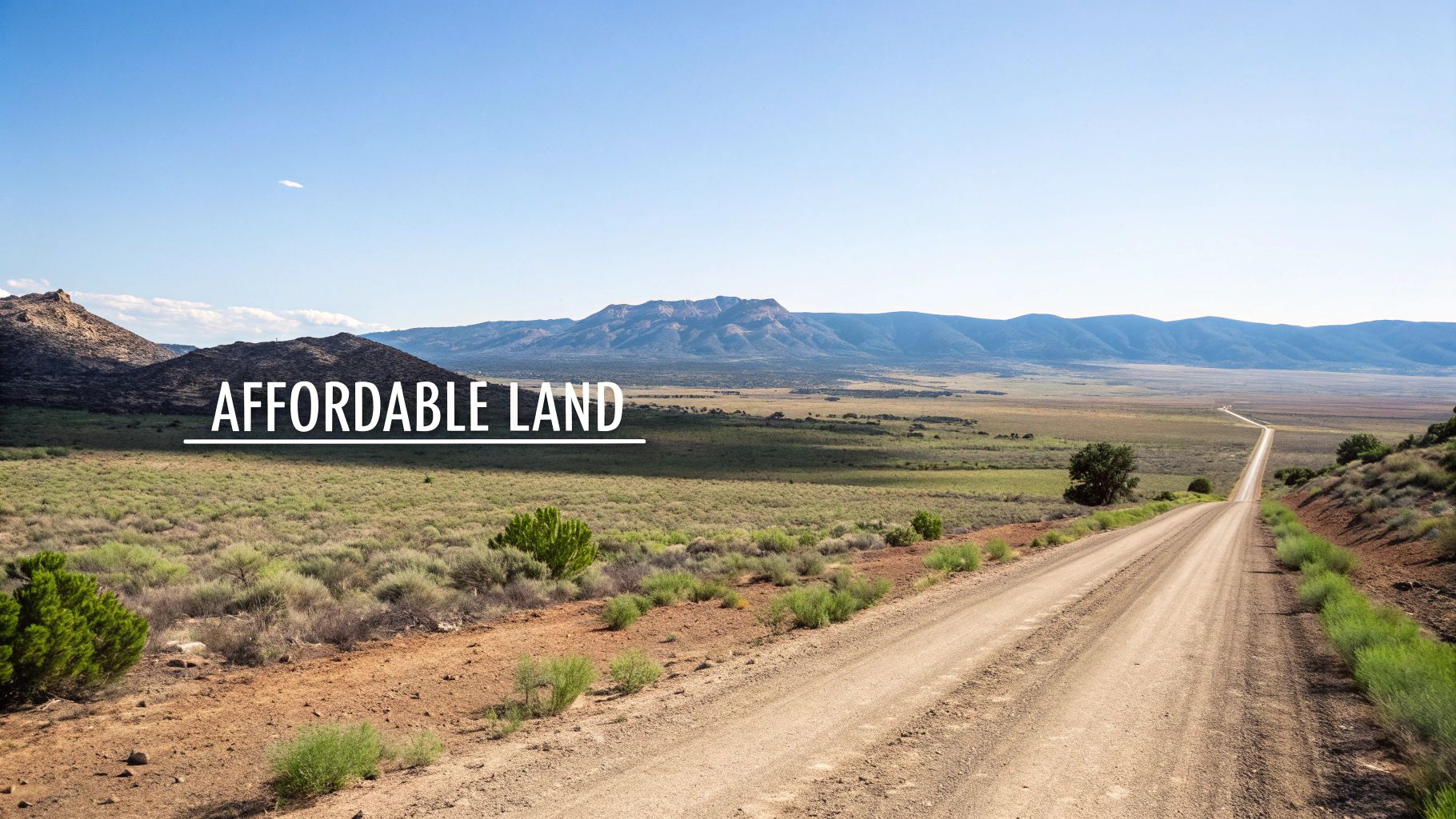 A long dirt road winding through a wide-open landscape with mountains under a clear sky, and text "AFFORDABLE LAND".