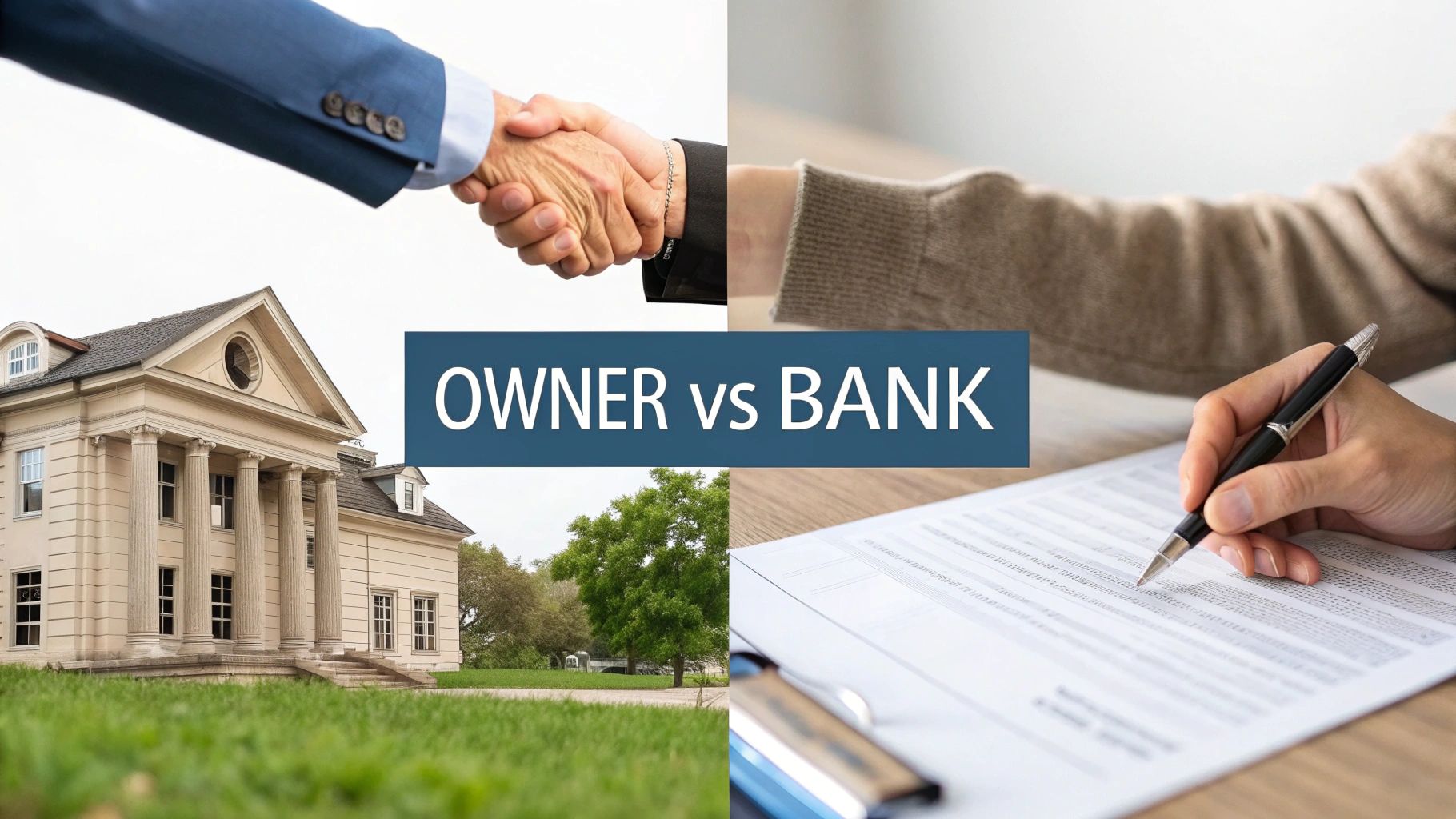 A collage showing a handshake, a grand house, a hand signing a document, and 'OWNER vs BANK' text.