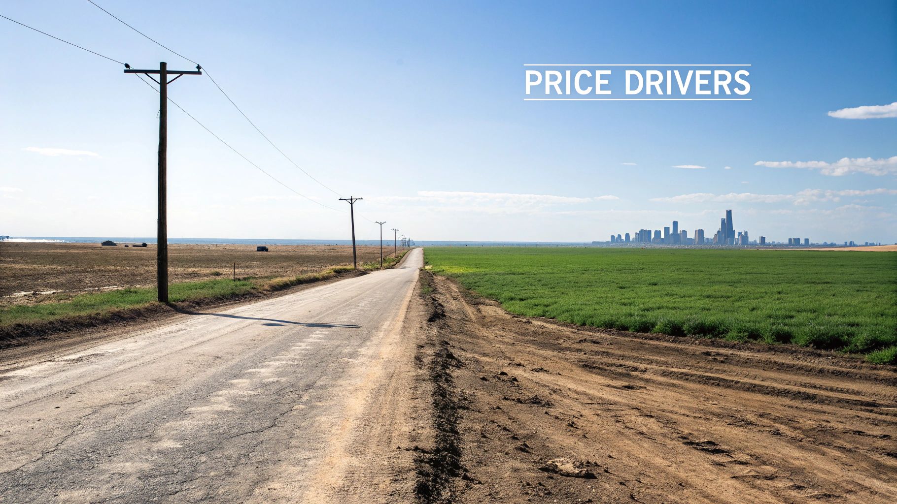 A long rural road divides dry brown and green fields, leading towards a distant city skyline.