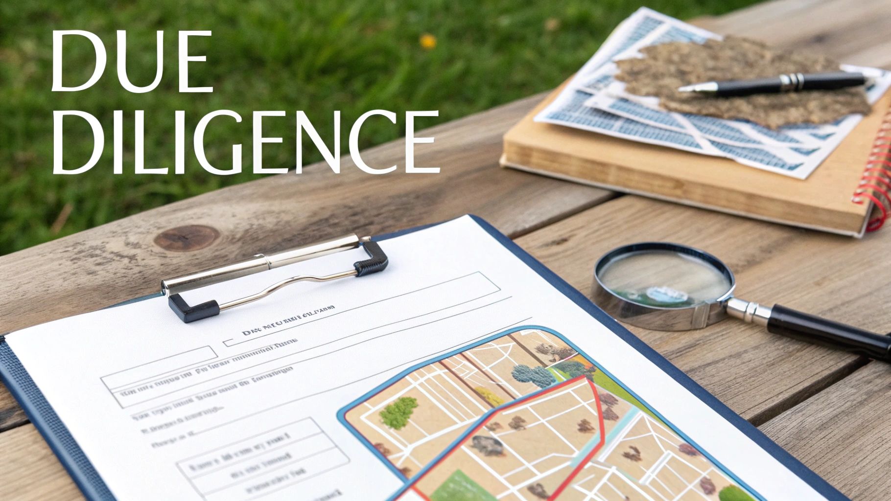 Due diligence documents, map, and magnifying glass on a wooden table for land assessment.