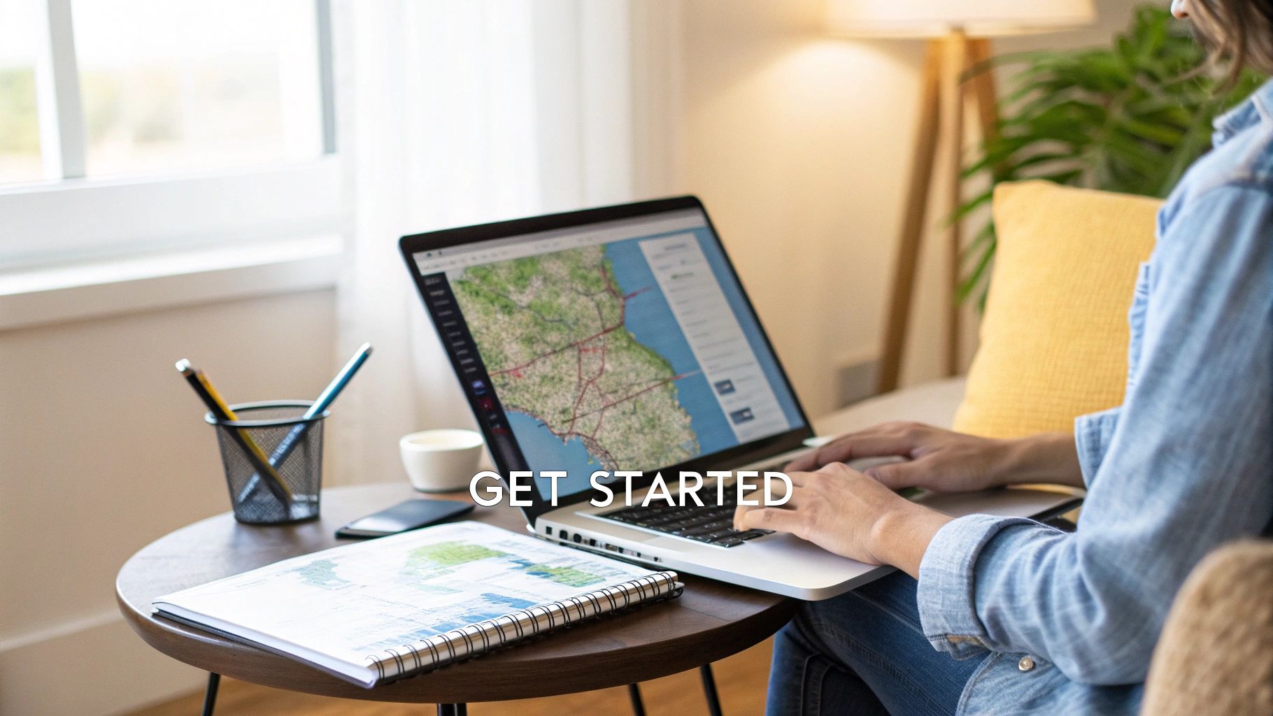 Woman using a laptop with a map on screen, next to a notebook, suggesting property research.