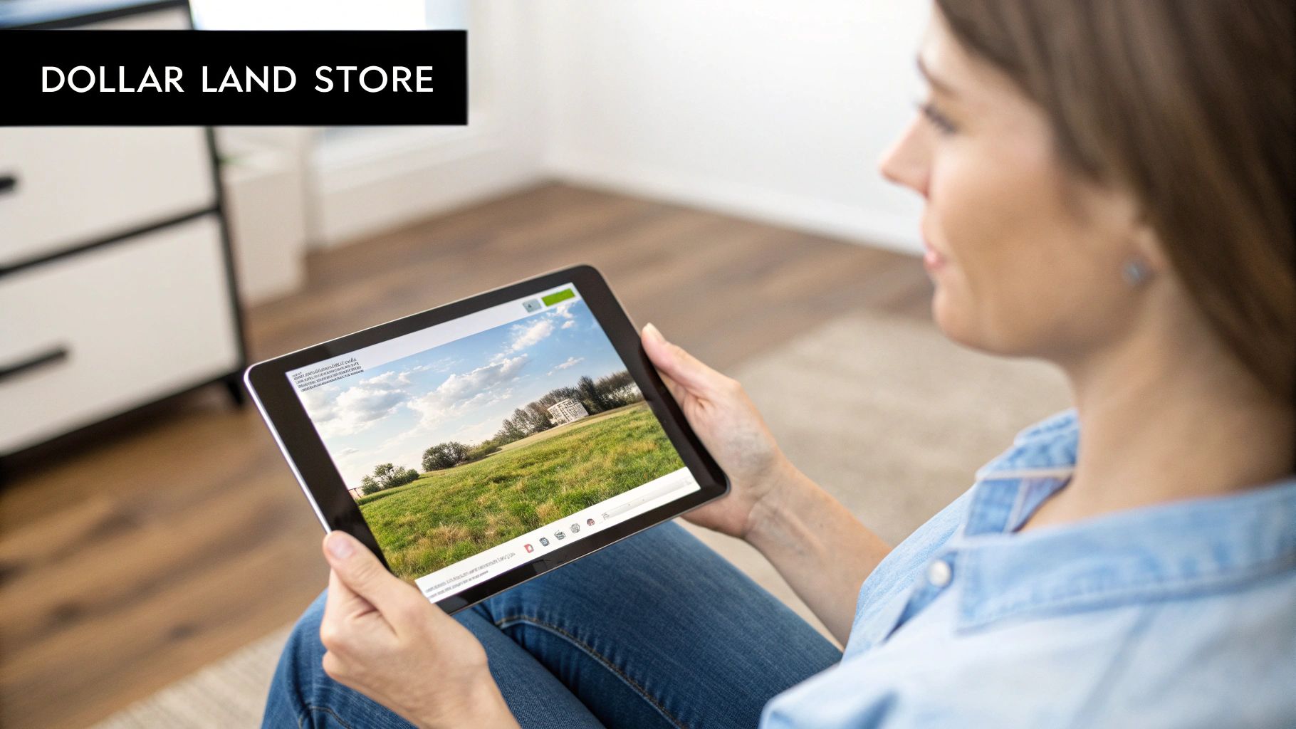 Woman holding a tablet displaying a vast green land with a house, next to a 'DOLLAR LAND STORE' sign.