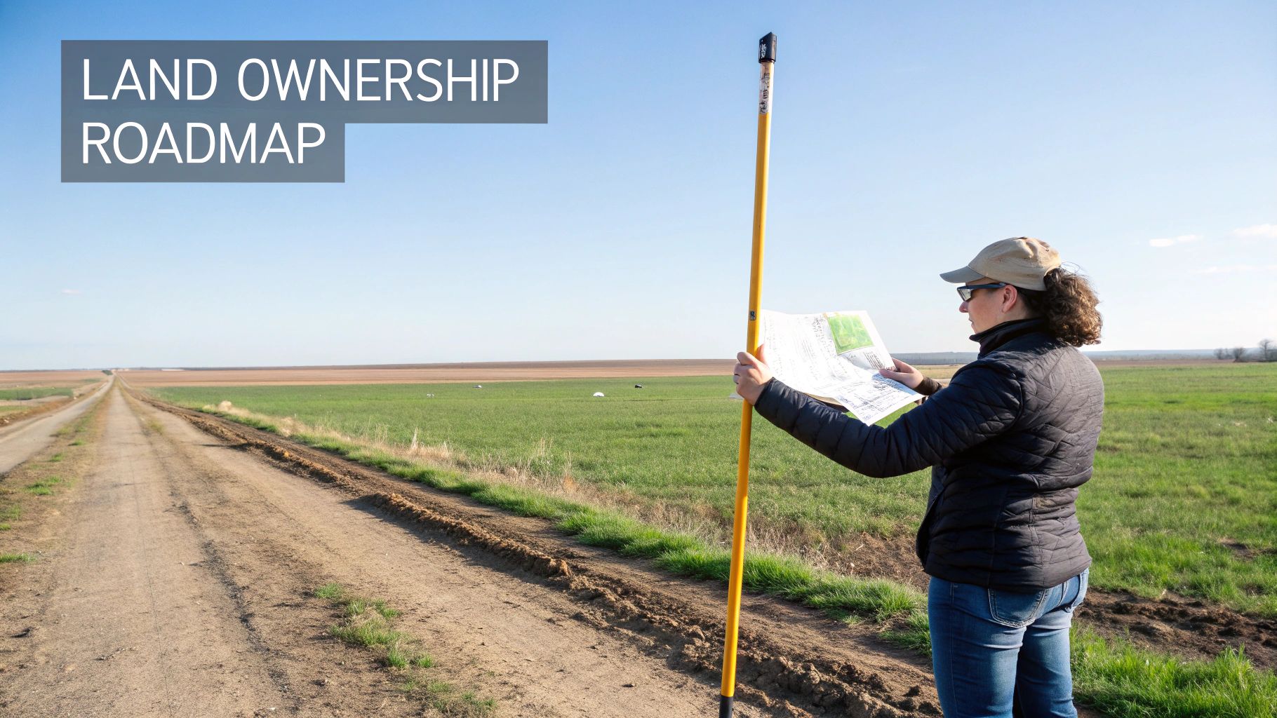 Woman holding a map and surveying pole in an open field, with "LAND OWNERSHIP ROADMAP" text.