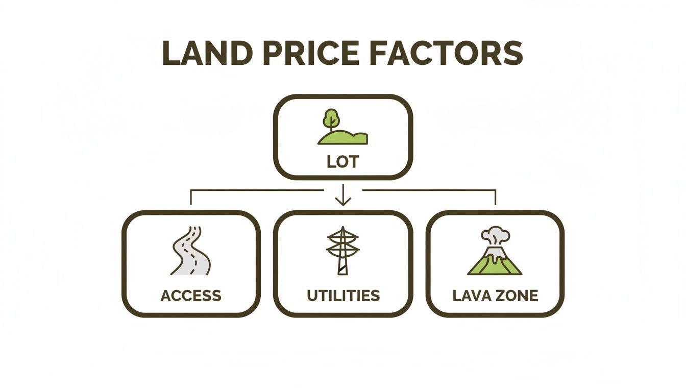 Diagram illustrating land price factors: lot, access, utilities, and lava zone considerations.