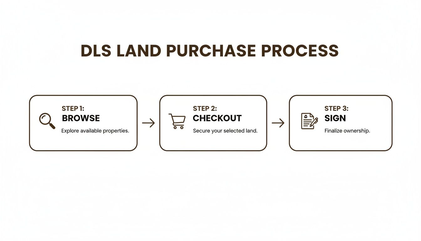 A three-step DLS land purchase process flow: browse, checkout, and sign for ownership.