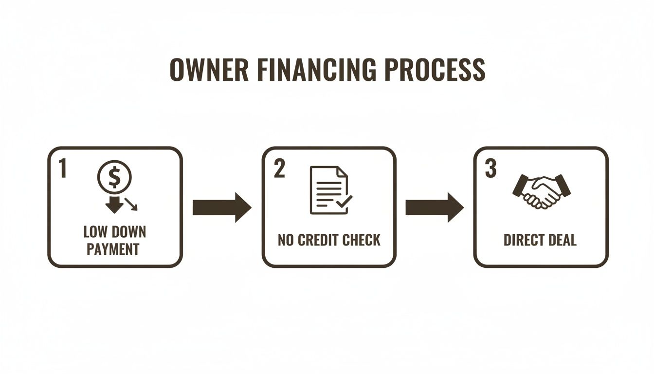 A three-step owner financing process flowchart showing low down payment, no credit check, and direct deal.