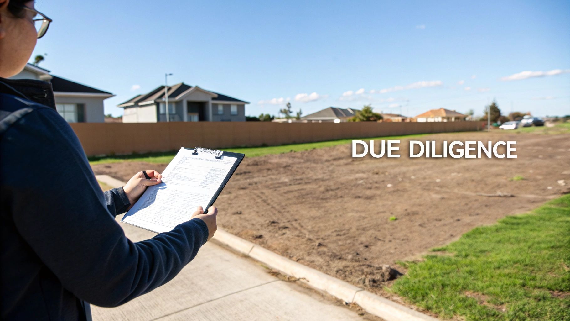 Person holds a clipboard inspecting vacant land under a blue sky, performing due diligence.