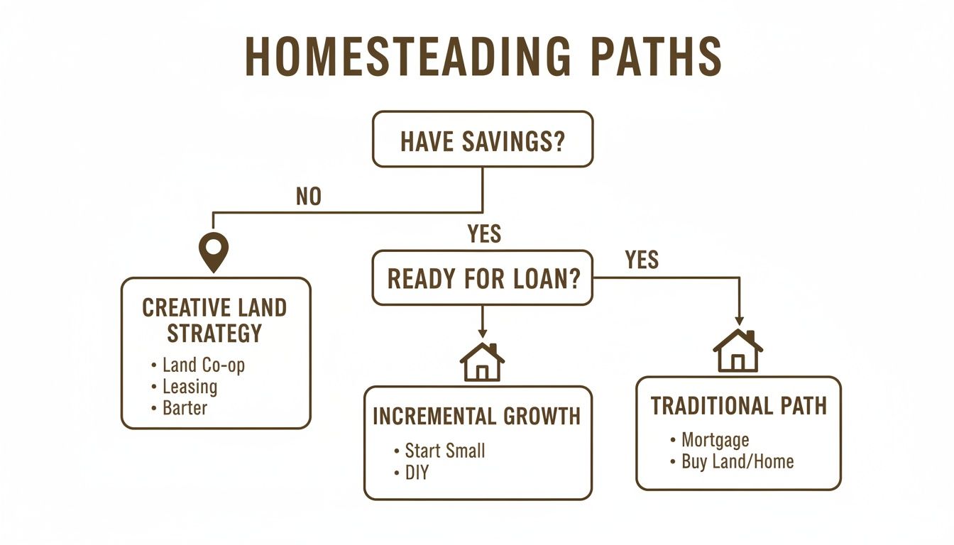 Flowchart detailing homesteading paths based on savings and loan readiness, including creative land strategies, incremental growth, and traditional methods.