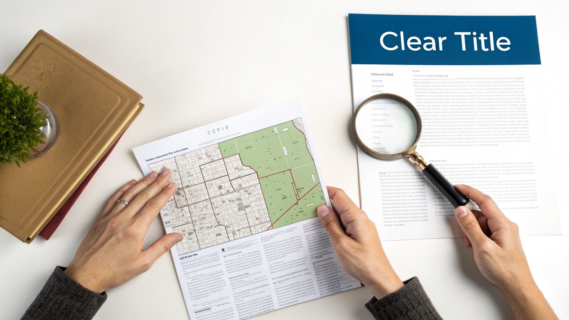 Hands reviewing a land plot map on a desk with a 'Clear Title' document and magnifying glass.