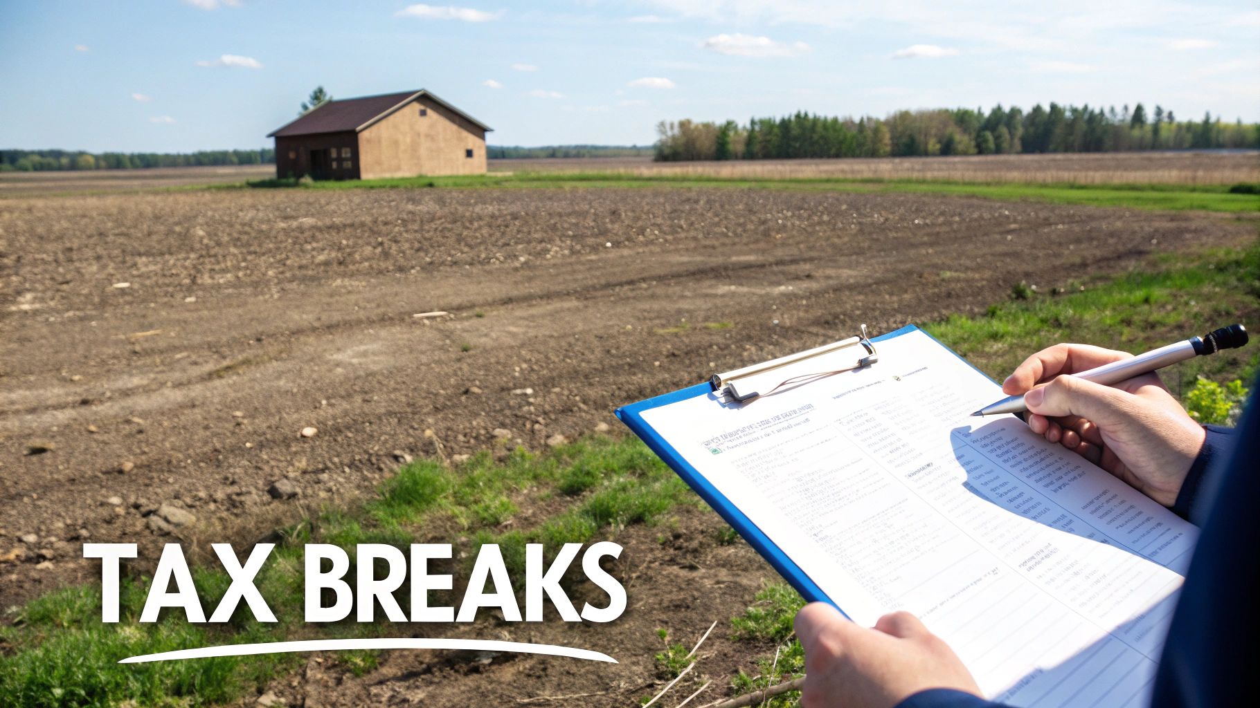 Person filling out tax forms on a clipboard in a large tilled field with a barn, illustrating tax breaks.