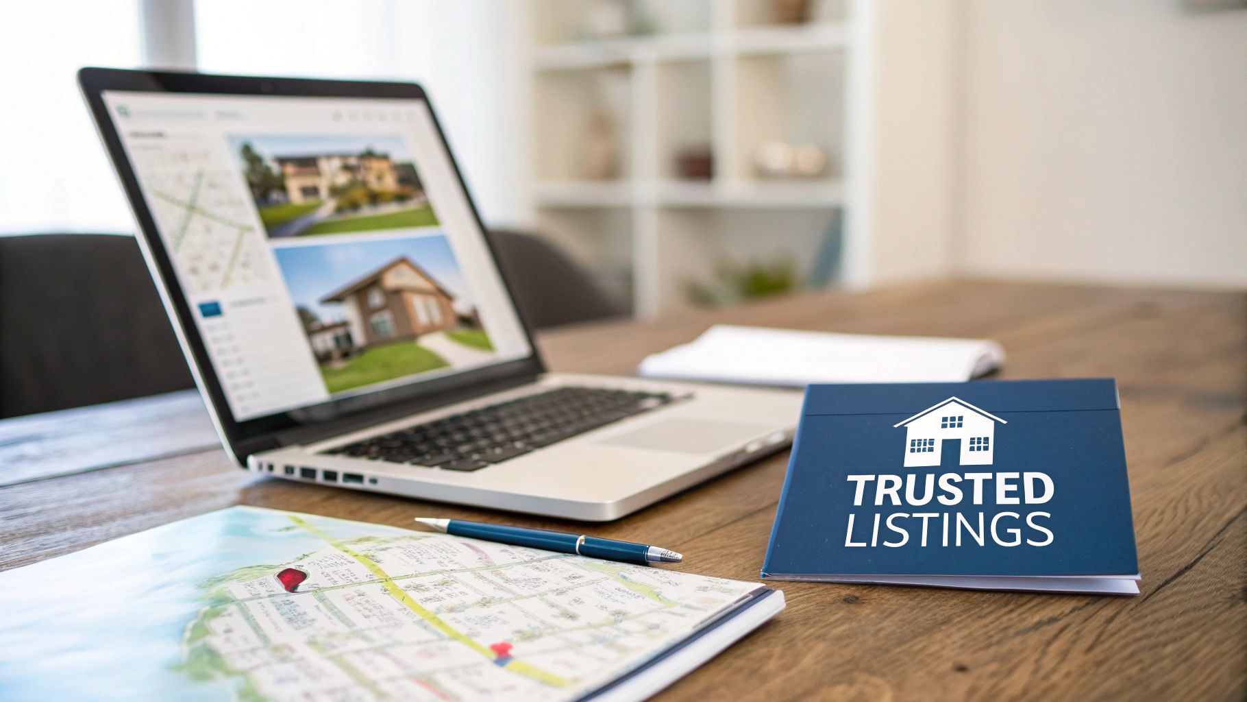 A laptop displaying real estate listings, a map, and a 'TRUSTED LISTINGS' folder on a desk.