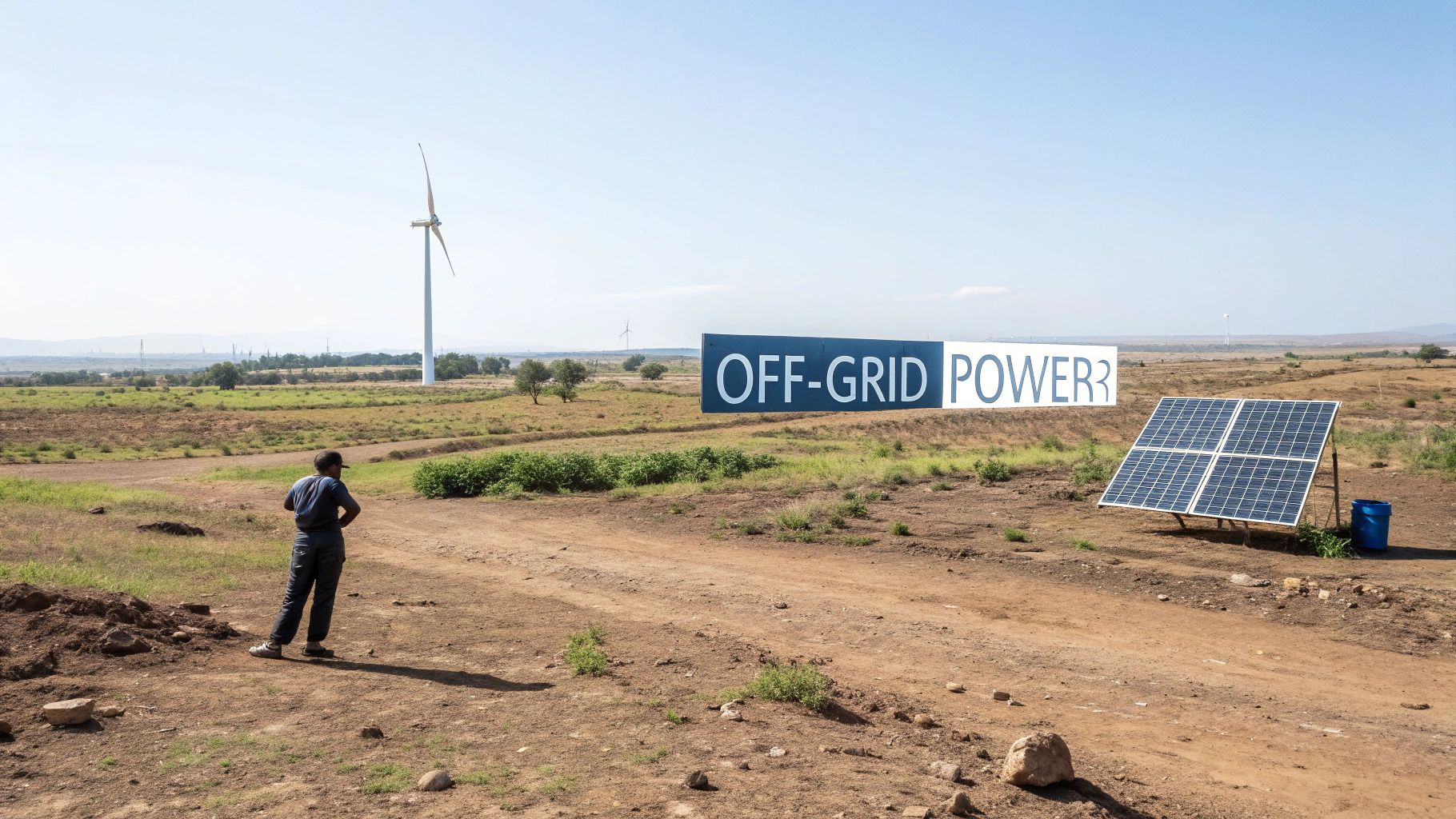 Man observes off-grid power solutions, including solar panels and wind turbines, in a rural landscape.