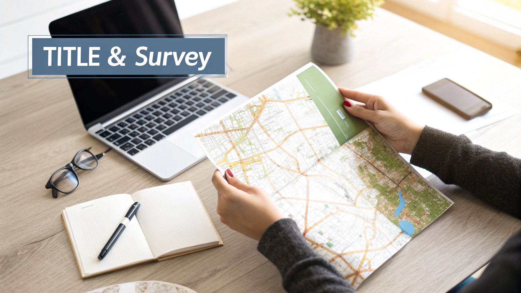 Person reviewing a map, with a laptop, glasses, and notebook on a wooden desk. Text overlay 'TITLE & Survey'.