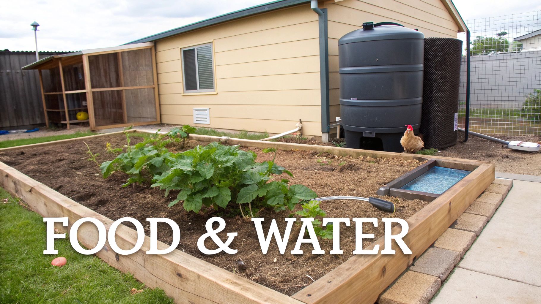 A backyard homestead featuring a raised garden bed with plants, a chicken, rain barrel, and coop.