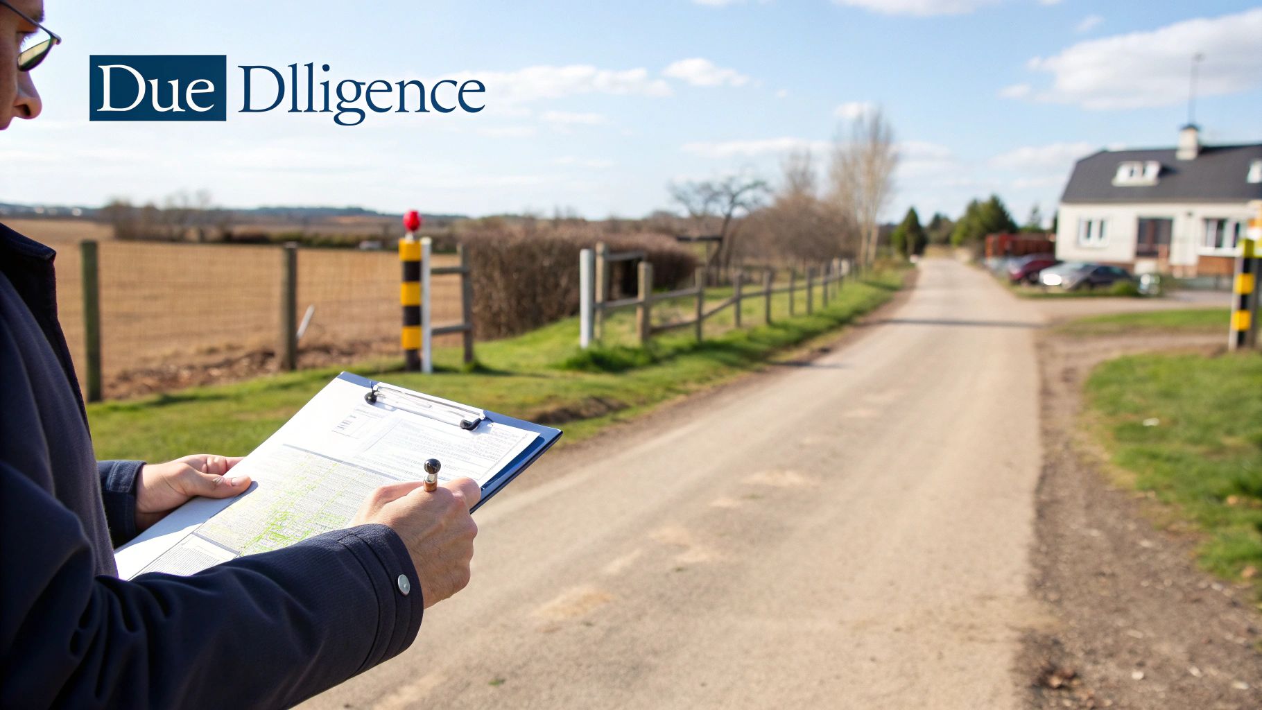 Person conducting due diligence, writing on a clipboard outdoors with a rural road and house.