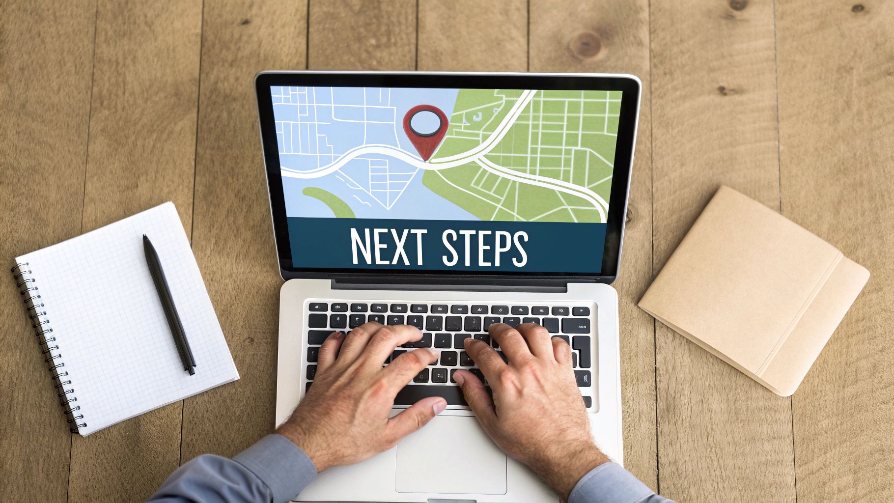 Hands typing on a laptop with 'NEXT STEPS' text on the screen, alongside a notebook and folders.