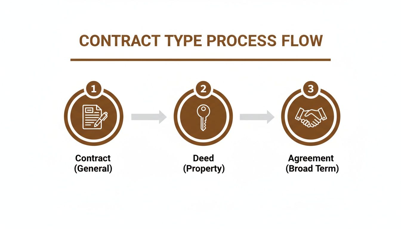 A process flow chart titled 'Contract Type Process Flow' illustrating three stages: Contract (General), Deed (Property), and Agreement (Broad Term).