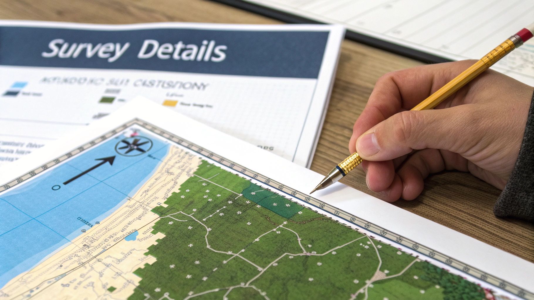 A hand holding a pencil points at a detailed property survey map, with 'Survey Details' document.