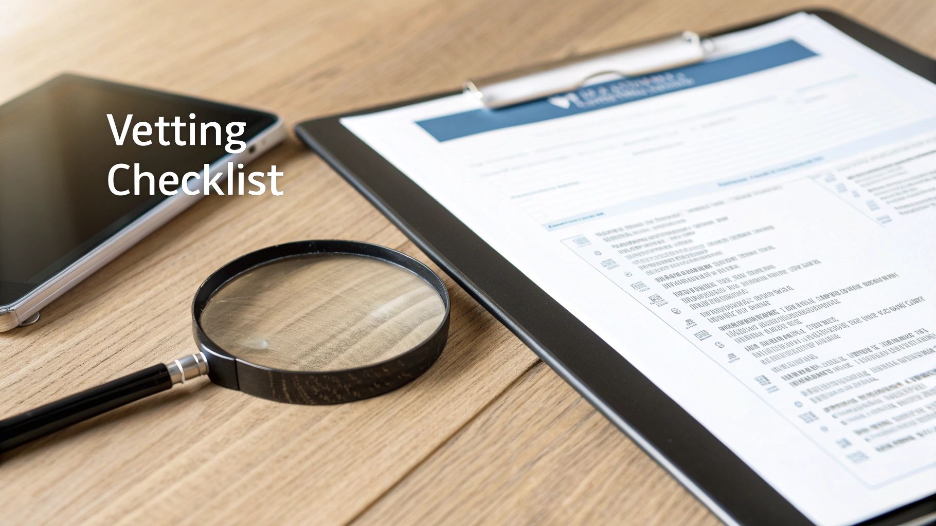 A vetting checklist document on a clipboard with a magnifying glass and tablet on a wooden desk, symbolizing review and due diligence.