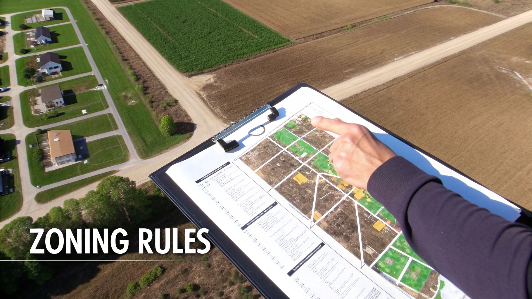 An aerial view shows a hand pointing at a zoning map on a clipboard, overlooking residential and agricultural land.