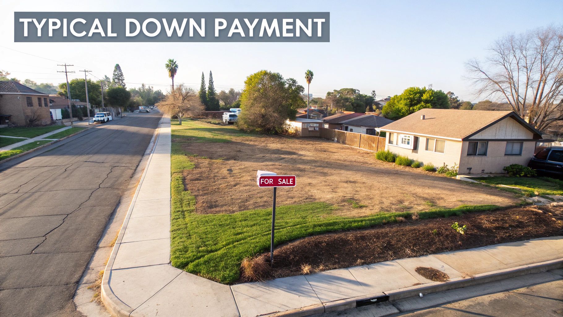 A vacant lot with a 'FOR SALE' sign, bordered by a street and houses, with text 'TYPICAL DOWN PAYMENT'.