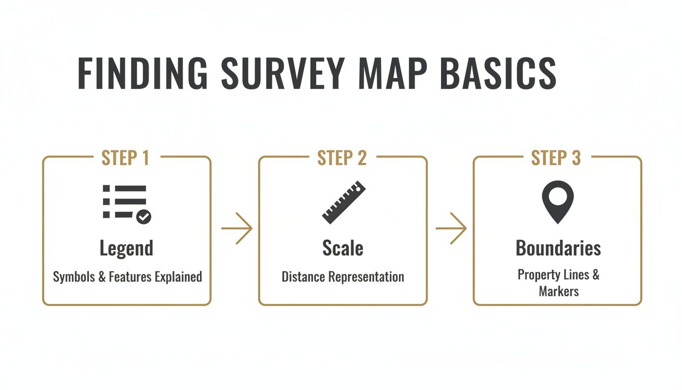Flowchart explaining the three basic steps to finding survey map information: Legend, Scale, and Boundaries.