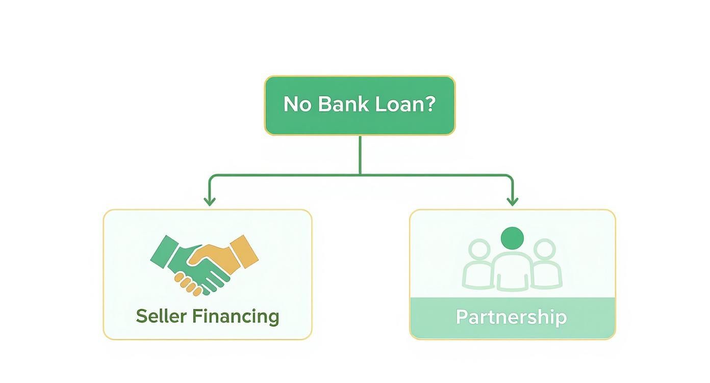 Flowchart illustrating alternatives for 'No Bank Loan?': Seller Financing with a handshake, or Partnership with a group of people.