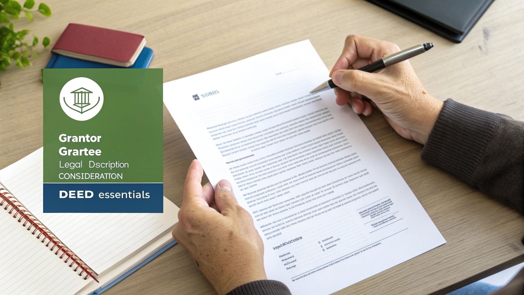 A person signing a legal deed document with a pen, alongside a graphic explaining deed essentials.