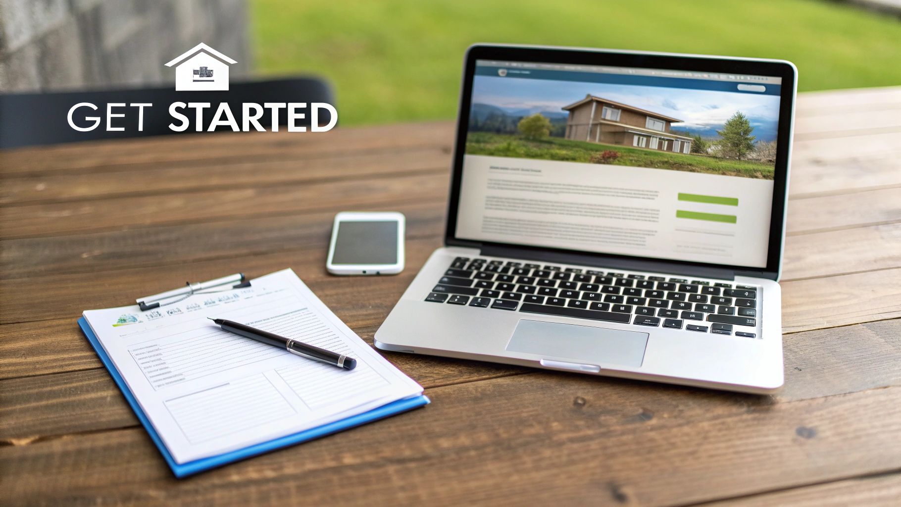 A laptop showing a real estate website, smartphone, and form on a wooden table, with 'Get Started' overlay.