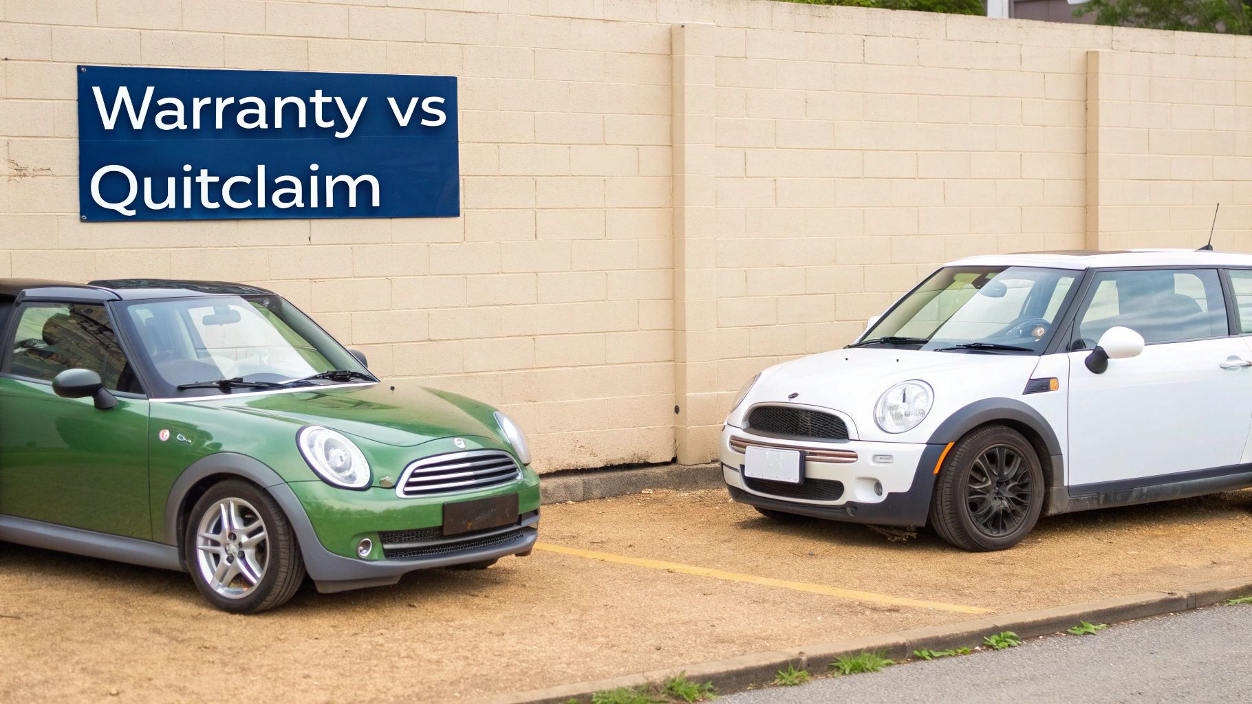Two Mini Cooper cars, green and white, parked in front of a blue sign saying 'Warranty vs Quitclaim'.