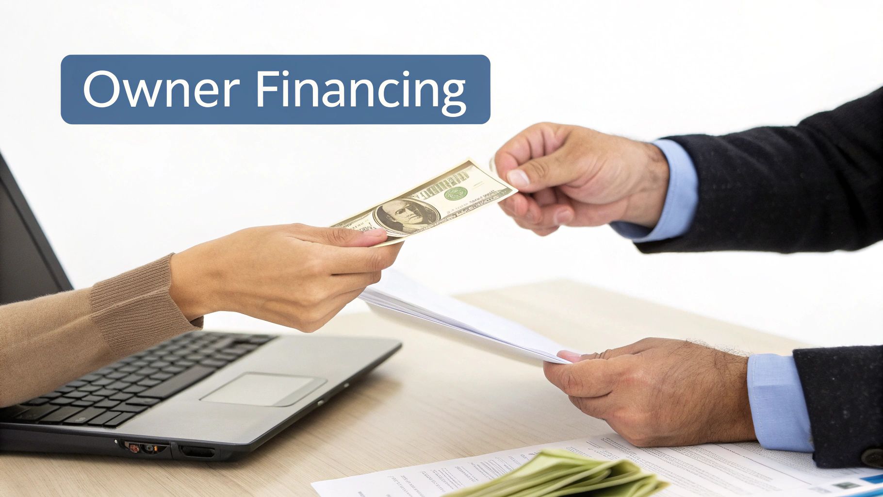 Hands exchanging money and documents across a desk with a laptop, under 'Owner Financing' text.