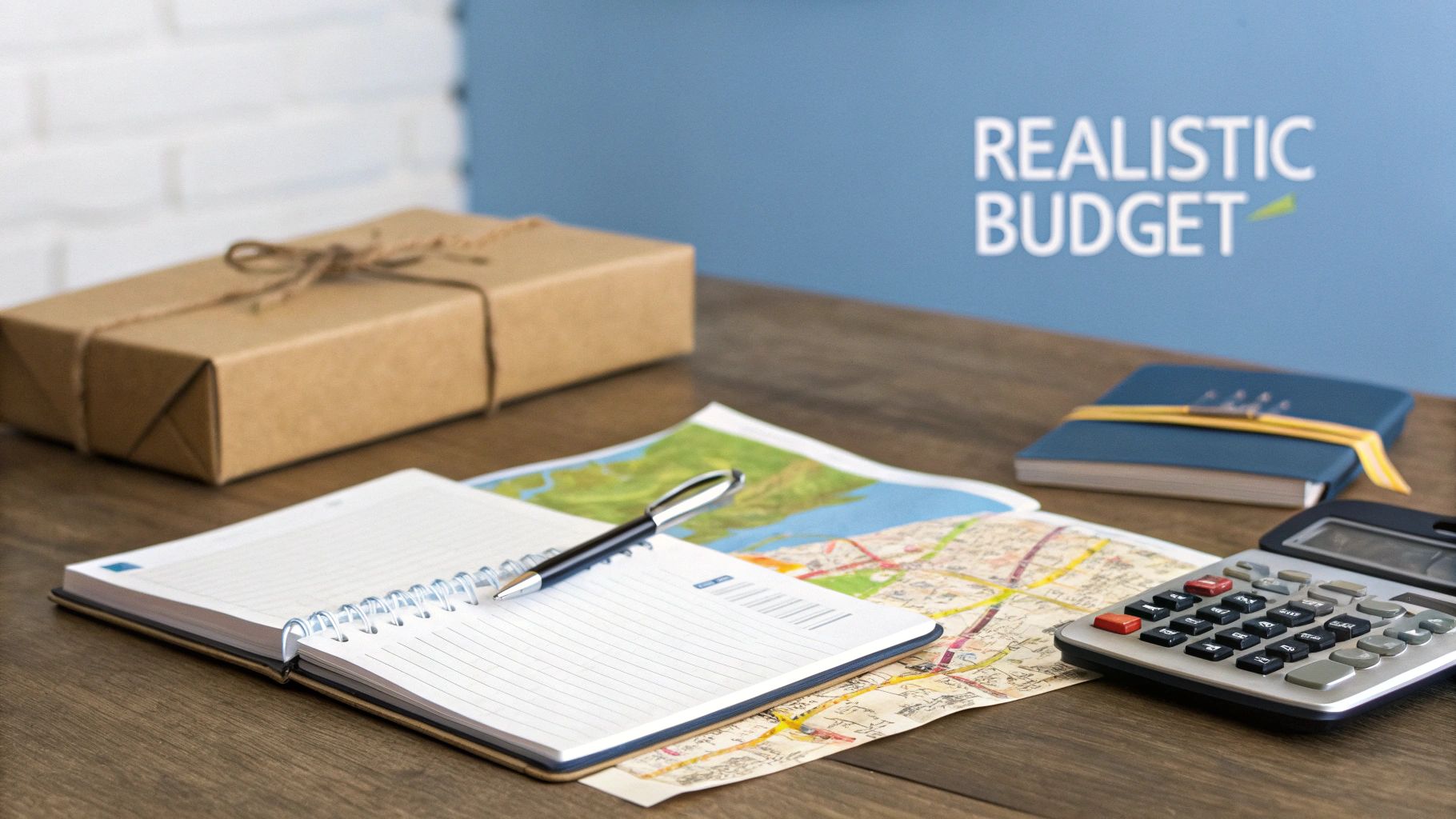 Desk setup with an open notebook, pen, map, calculator, and a 'Realistic Budget' sign.