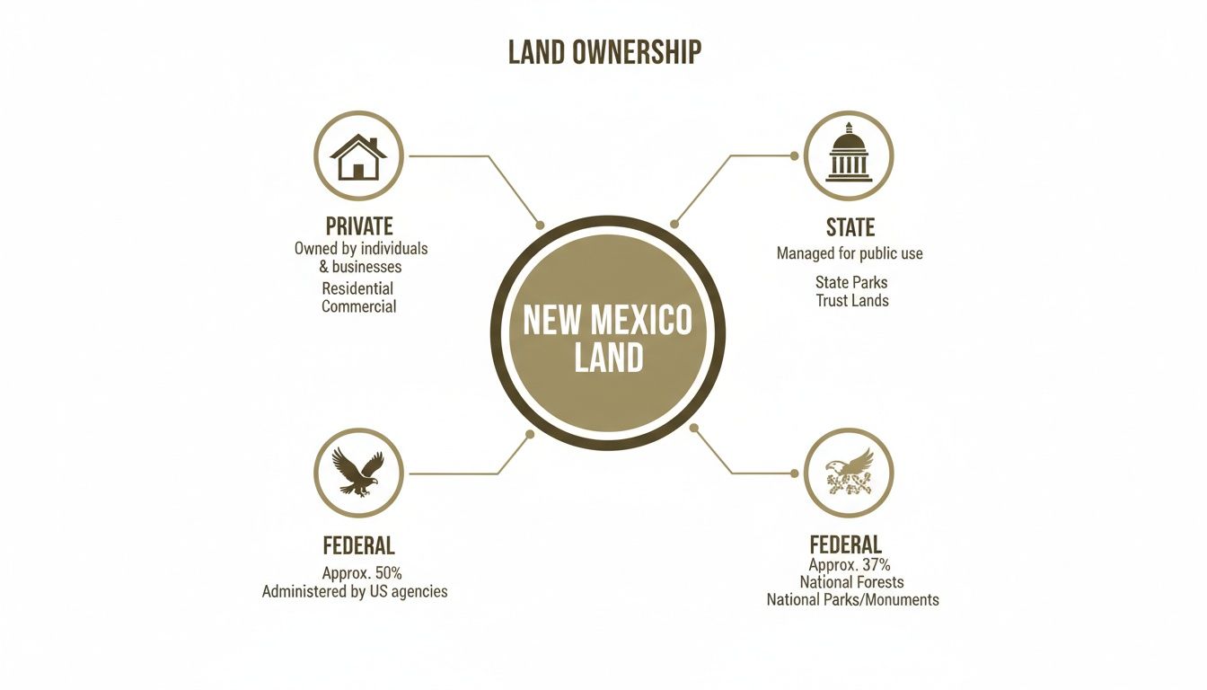 Infographic showing land ownership in New Mexico, categorized as private, state, and federal lands with percentages.