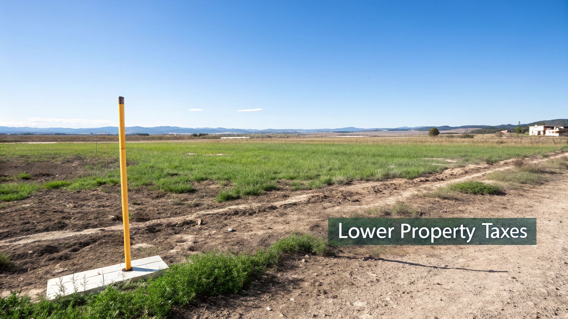 Vast undeveloped land with a yellow marker pole and a dirt path, suggesting lower property taxes.