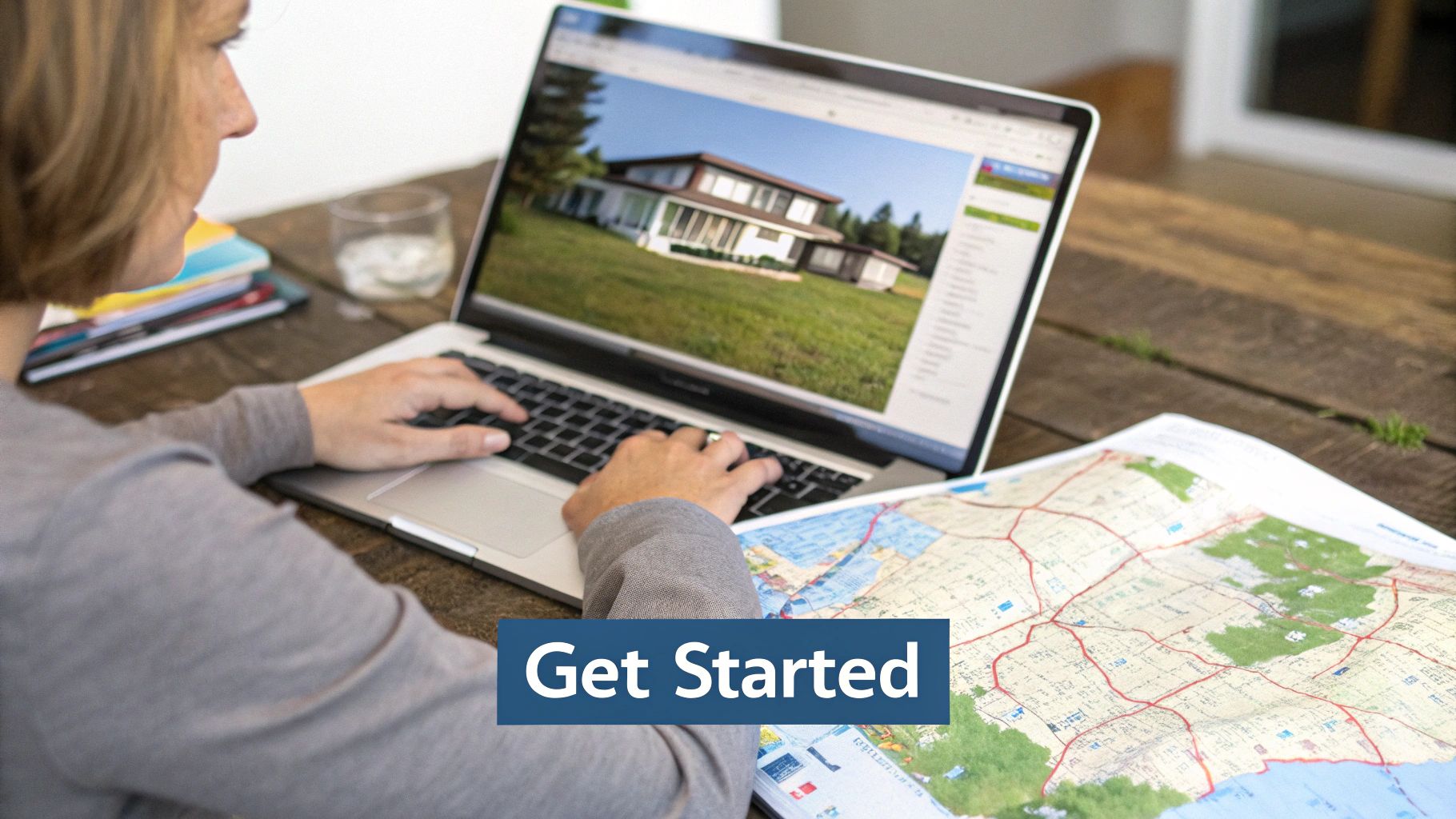 A person researches property on a laptop displaying a house, with a paper map nearby.